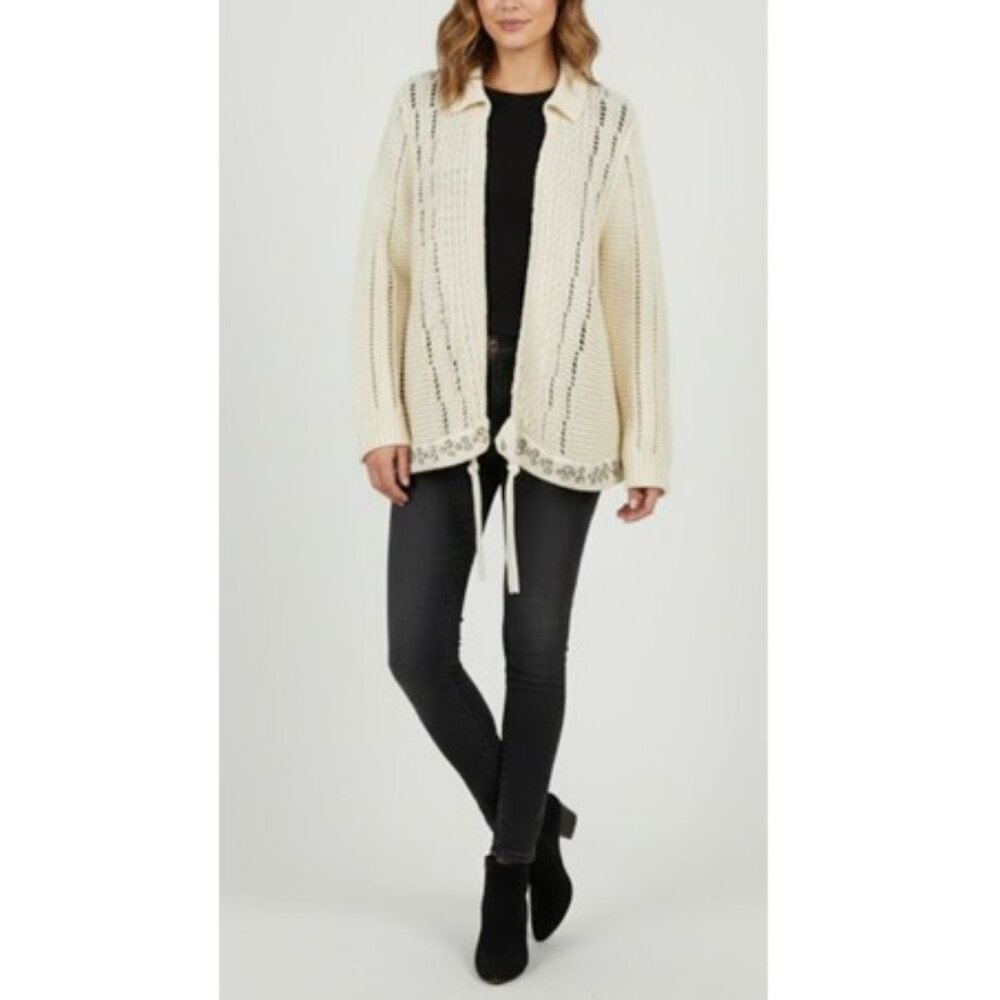 One Girl Who Open Knit Collared Cardigan Embellished Tie Front Hem  Cottagecore